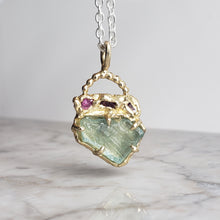 Load image into Gallery viewer, Rough Aquamarine and Ruby Necklace in Bronze and Sterling Silver
