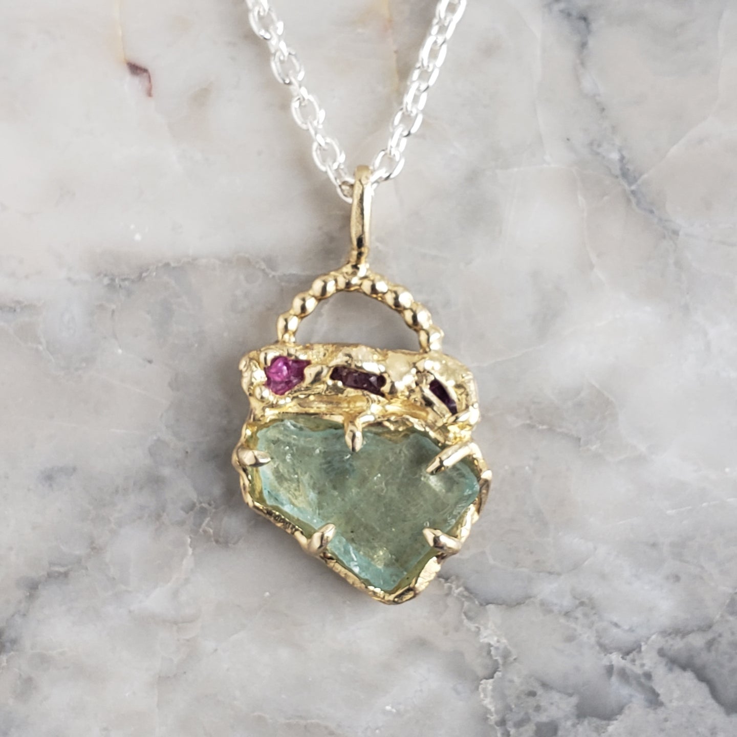 Rough Aquamarine and Ruby Necklace in Bronze and Sterling Silver