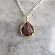 Load image into Gallery viewer, Rough Garnet Necklace in Bronze and Sterling Silver
