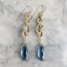 Load image into Gallery viewer, Swirl Dangle Earrings in Bronze and london Blue Quartz
