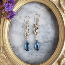 Load image into Gallery viewer, Swirl Dangle Earrings in Bronze and london Blue Quartz
