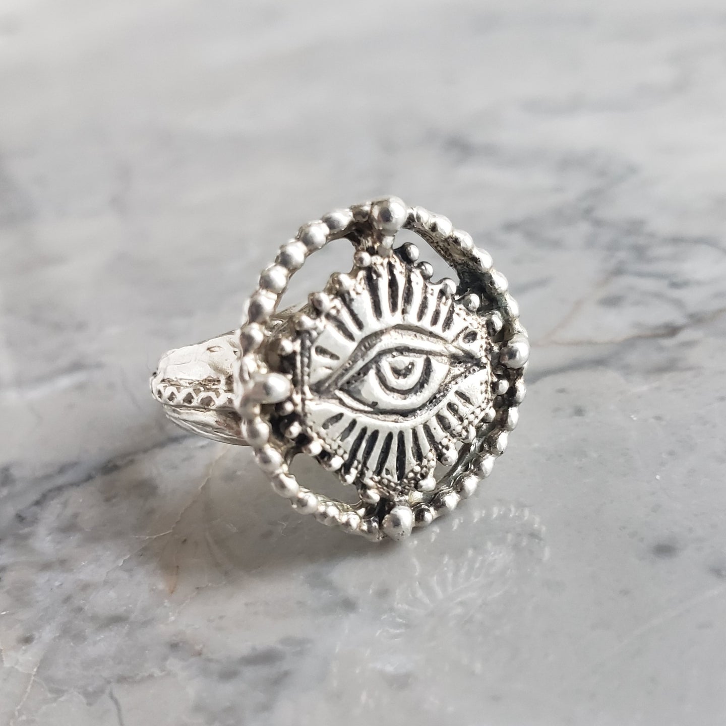 Beaded Circle Sacred Eye Ring, Sterling Silver
