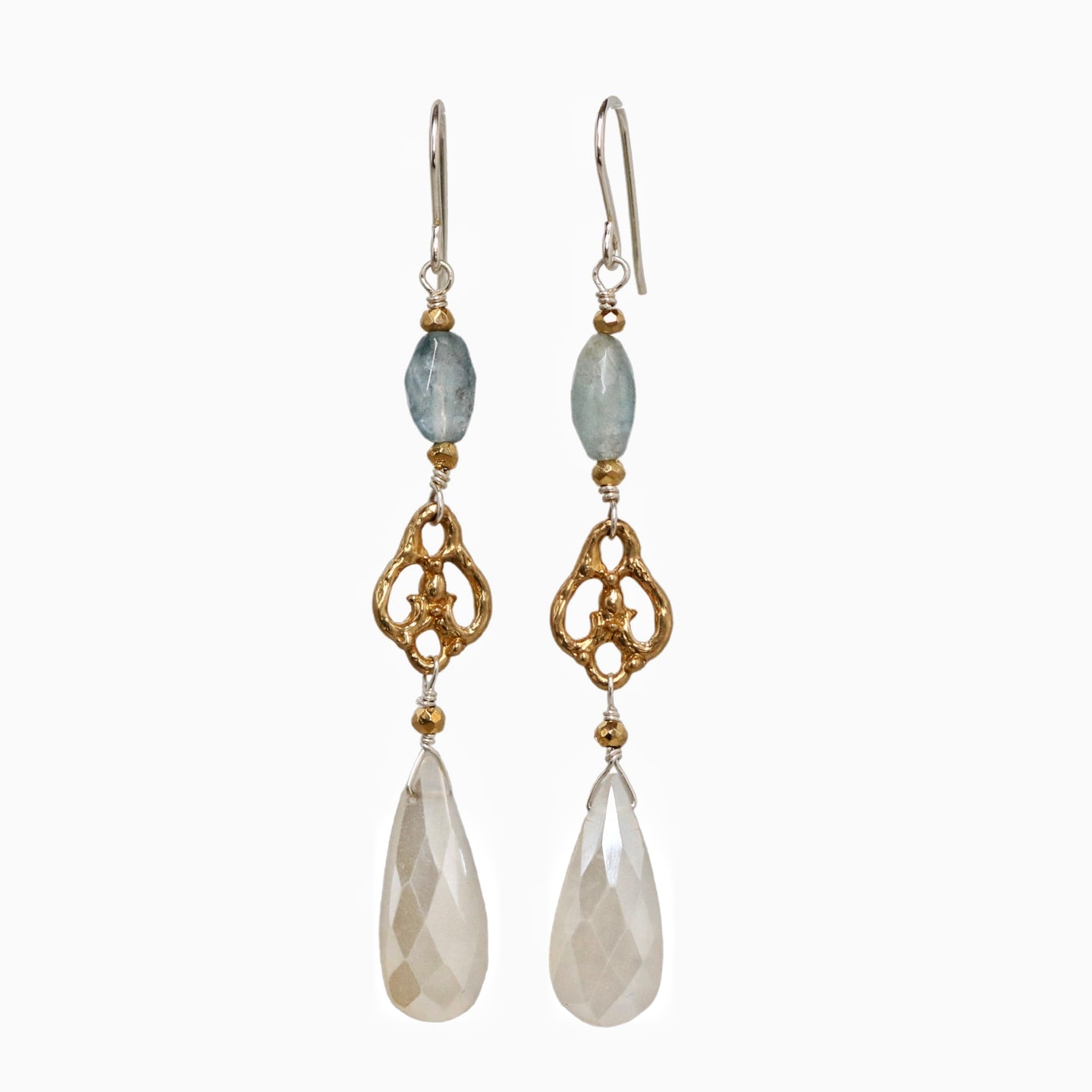 Lux Dangle Earrings Bronze, Silver, Aquamarine and White Chalcedony