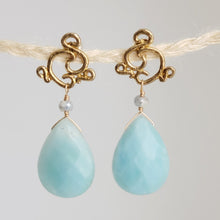 Load image into Gallery viewer, Swirl Post Earrings in Sterling Silver with Faceted Aqua Chalcedony Centre Stone
