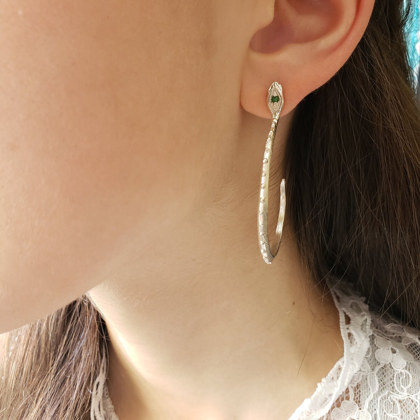 Silver Snake Hoop Earrings with Tsavorite Accent Stones