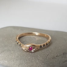Load image into Gallery viewer, Ouroboros Snake Ring , Ruby and Black Diamond  Ring ,Size 6 , 14k Yellow Gold
