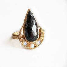 Load image into Gallery viewer, Black Diamond Crescent Moon Ring, 14k Yellow Gold, Black Diamond, Opal

