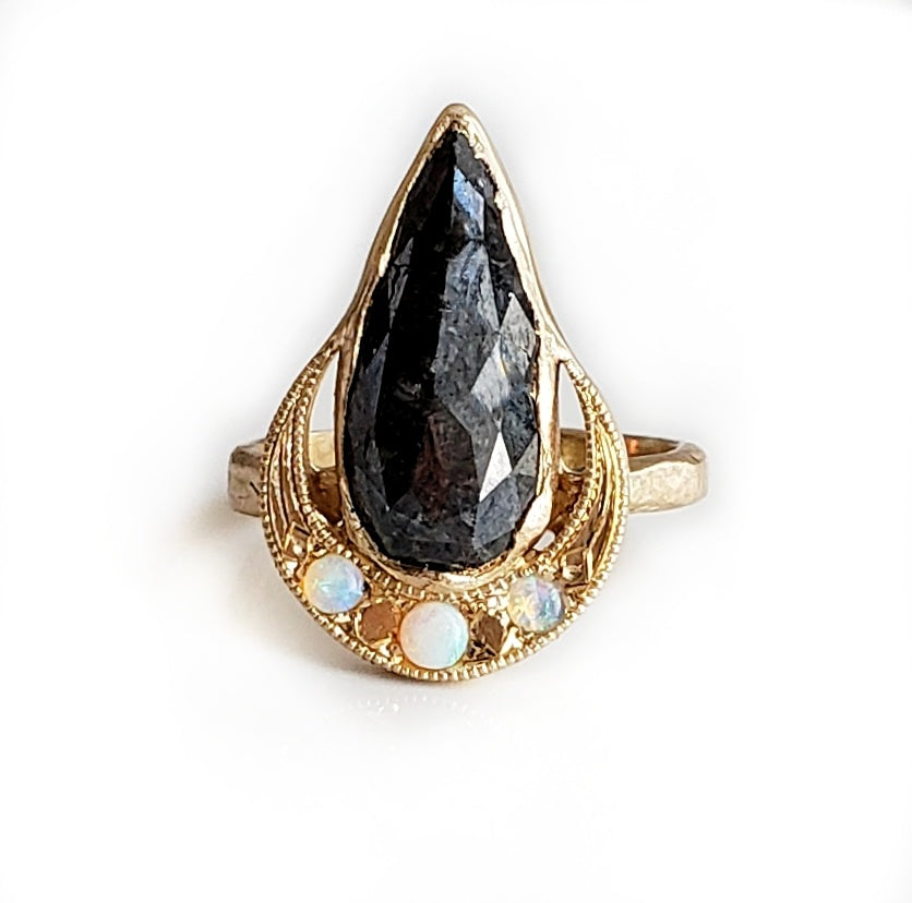Black Diamond Crescent Moon Ring, 14k Yellow Gold, Black Diamond, Opal