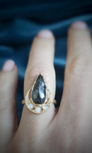 Load image into Gallery viewer, Black Diamond Crescent Moon Ring, 14k Yellow Gold, Black Diamond, Opal
