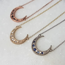 Load image into Gallery viewer, Up Turned Crescent Moon Necklace, 10k White Gold, Blue Sapphire, 18&quot; Chain
