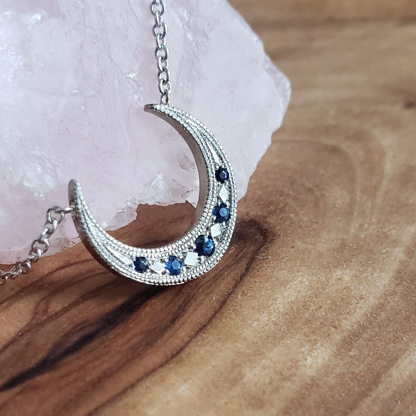 Up Turned Crescent Moon Necklace, 10k White Gold, Blue Sapphire, 18
