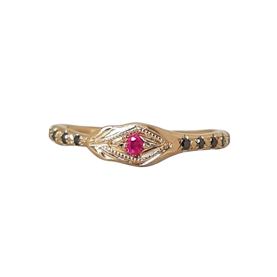Ouroboros Snake Ring , Ruby and Black Diamond  Ring ,Size 6 , 14k Yellow Gold