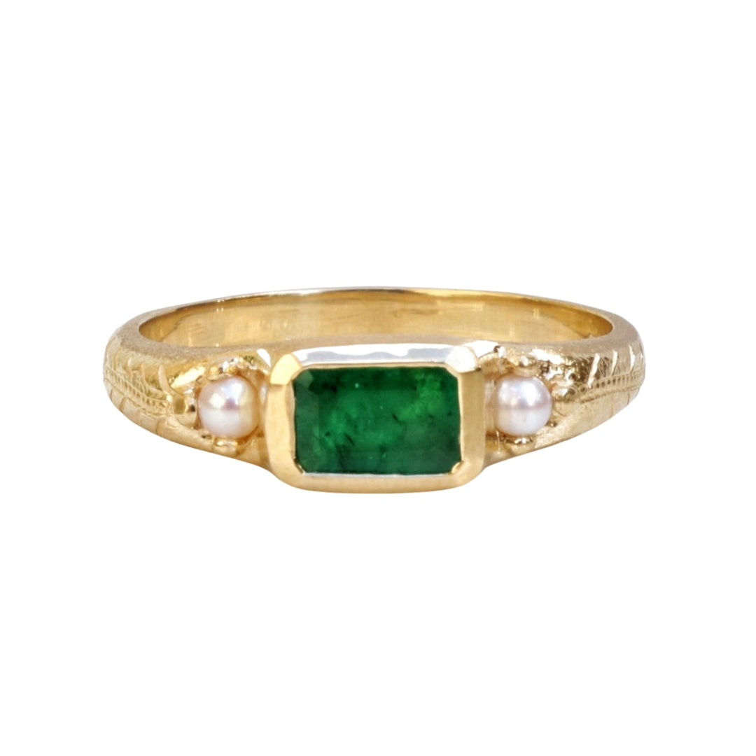 Georgia Emerald and Pearl Ring In 14k Yellow Gold