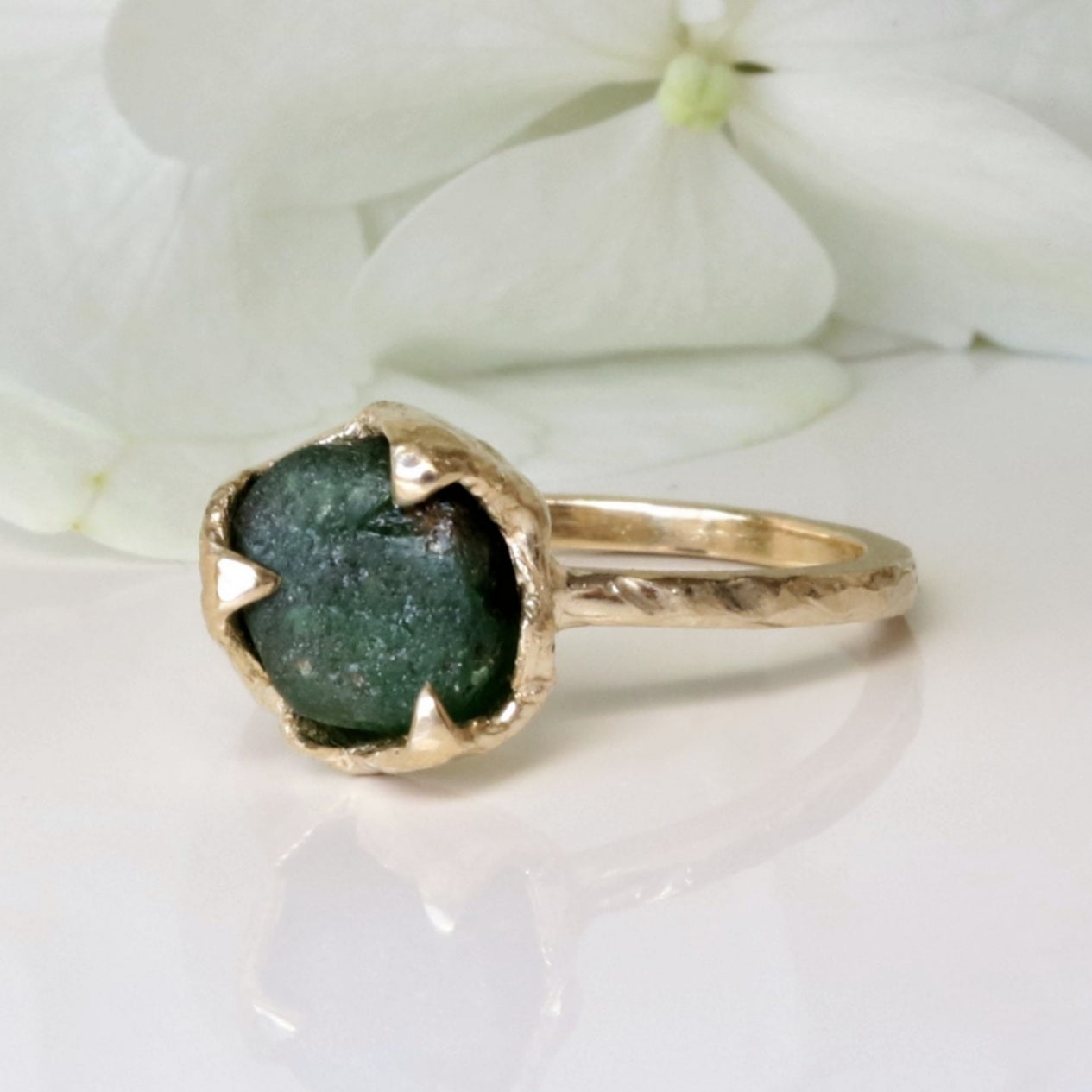 Rough Emerald, Engagement Ring in 10k Yellow gold