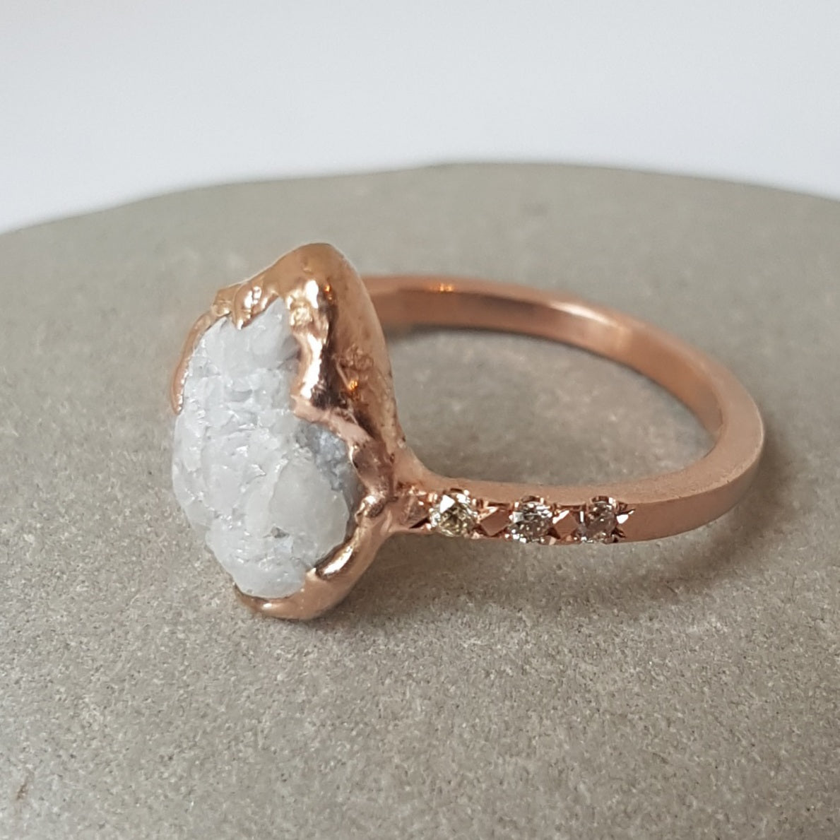 White Flame, Rough White Sapphire, 10k Rose Gold, Size 6.