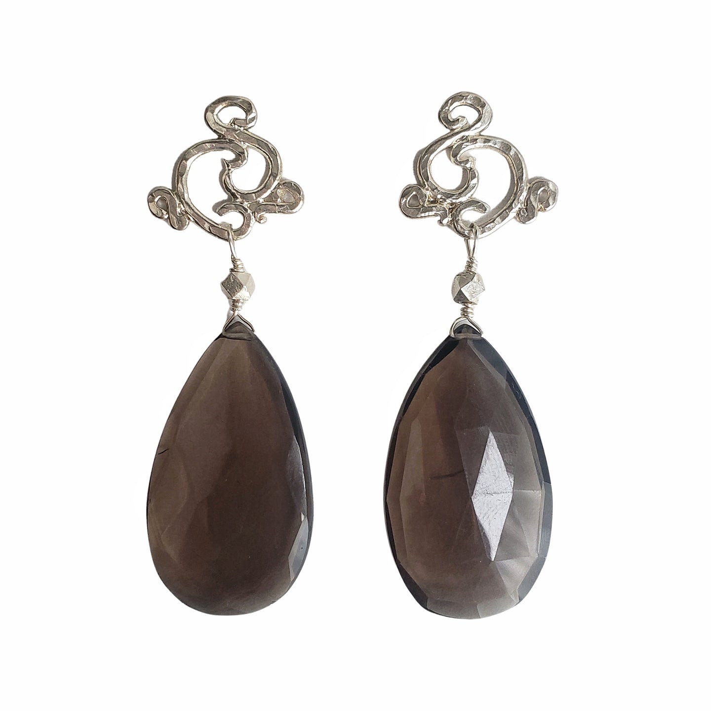 Swirl Post Earrings in Sterling Silver and Smokey Quartz