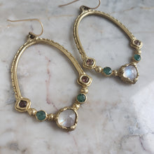 Load image into Gallery viewer, Earrings in Bronze, Moonstone, Emerald and Tourmaline
