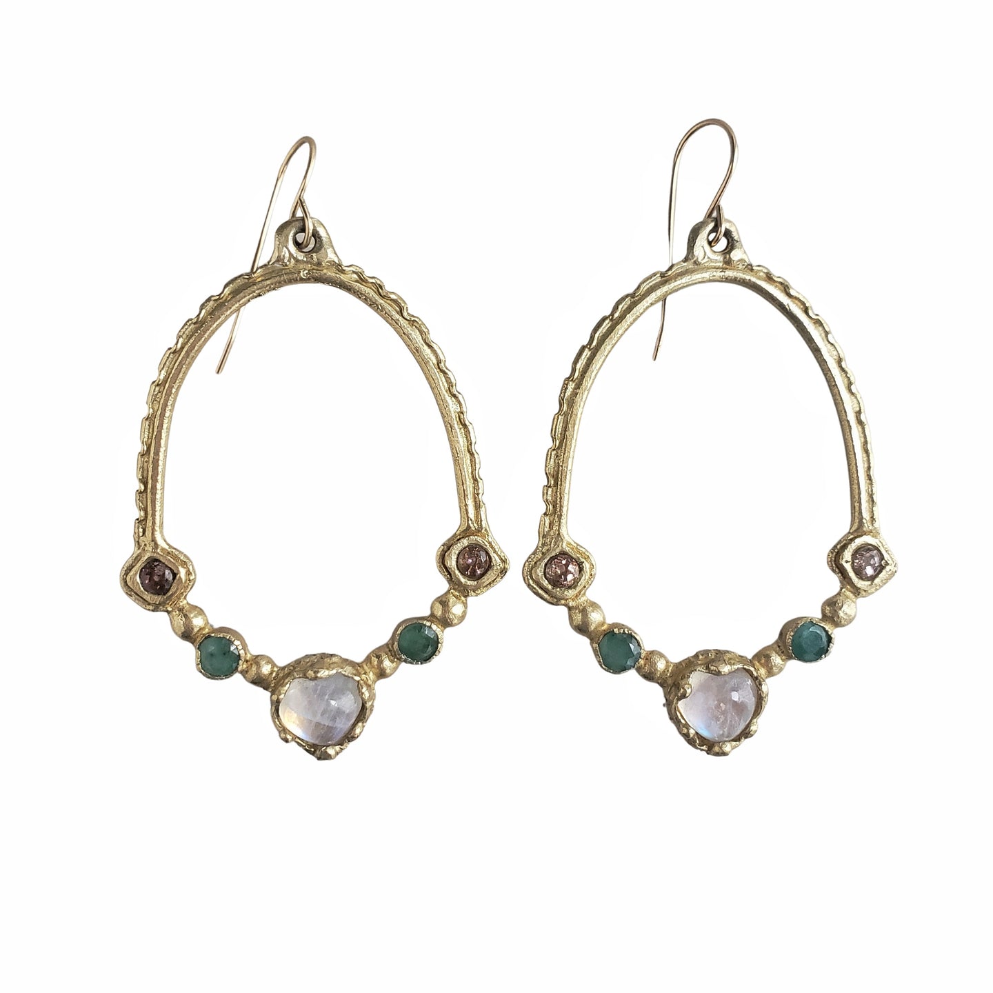 Earrings in Bronze, Moonstone, Emerald and Tourmaline