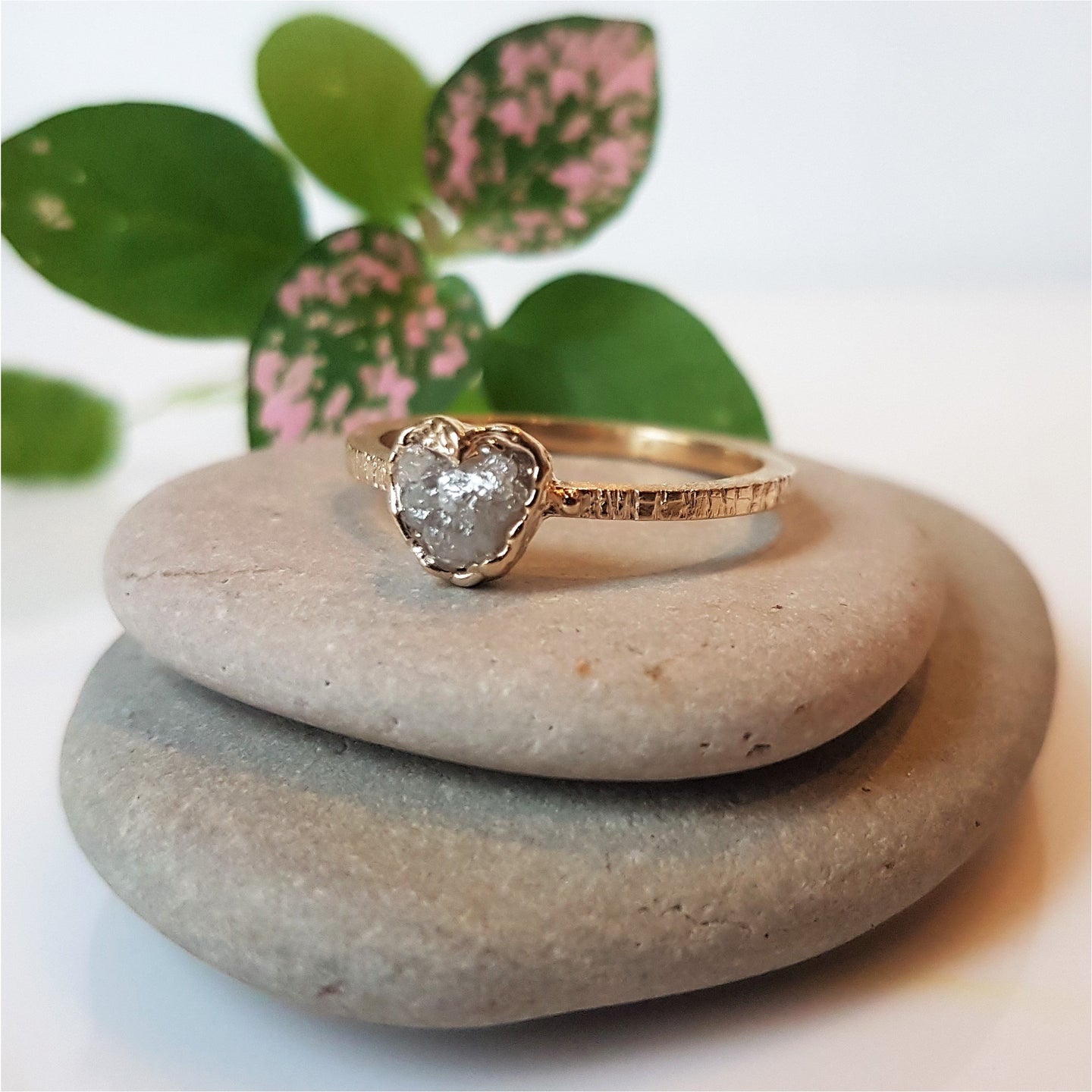 Heart Shape Rough Diamond Engagement ring, 10k Yellow Gold , size 7.5