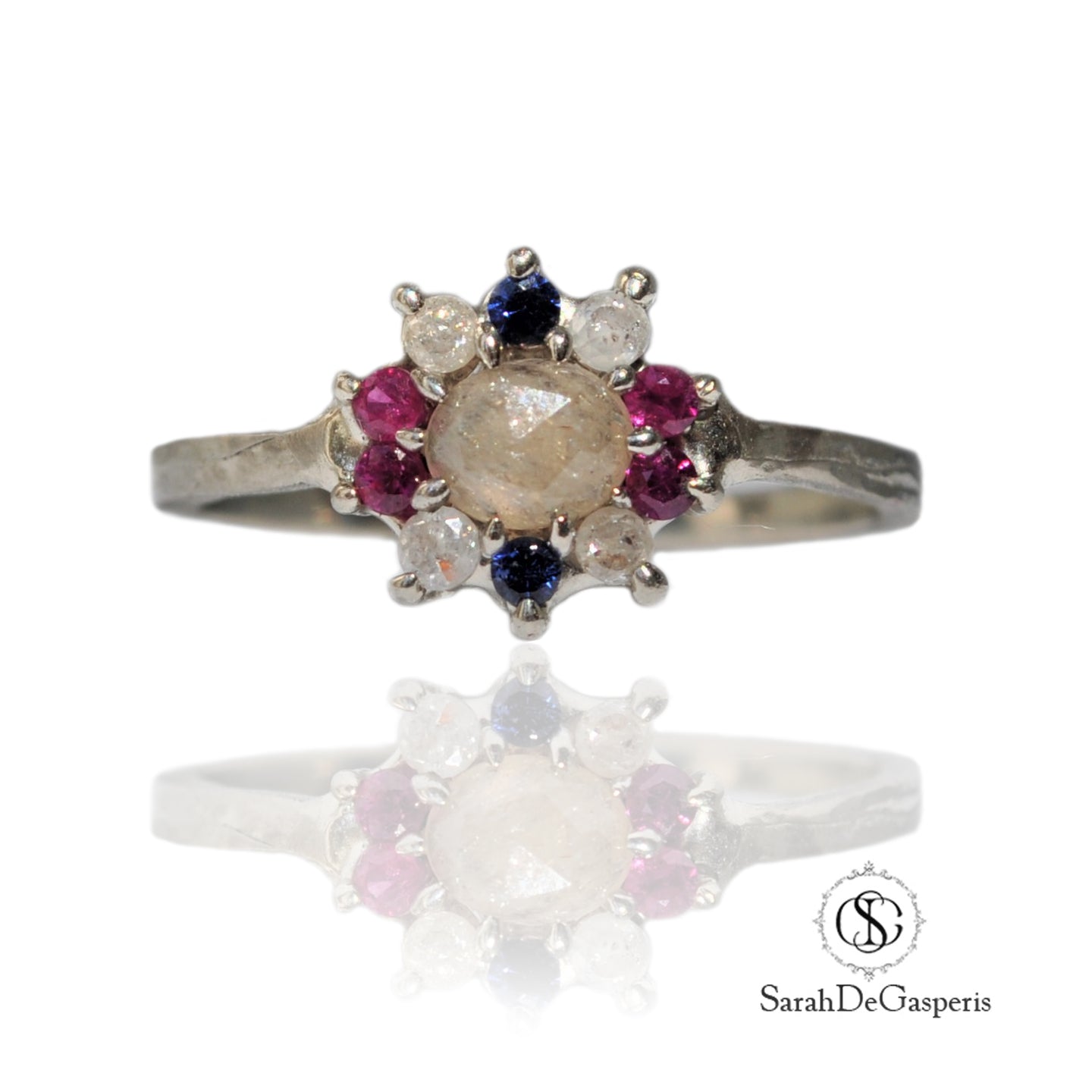 Rose Cut Sapphire Engagement Ring with Sapphire, Diamond and Ruby Halo