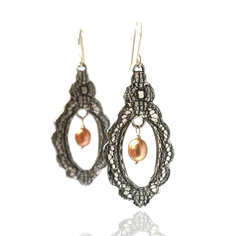 Iolanda's Lace Dangle Earrings in Sterling Silver and Golden Pearl