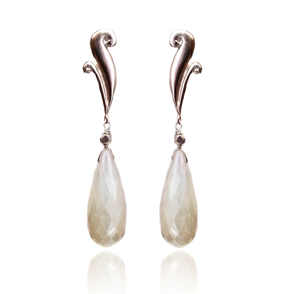 Torque Earrings in Sterling Silver with Faceted White Chalcedony